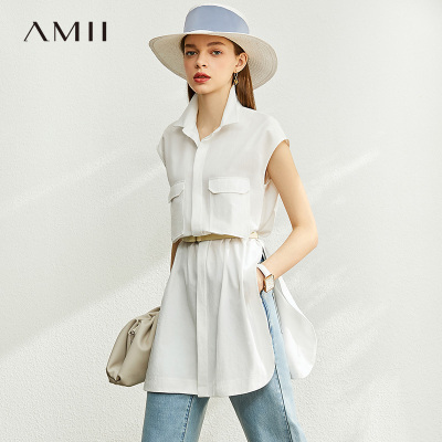 Amii极简时尚工装风衬衫女2020夏新款宽松翻领衬衣半袖中长款上衣