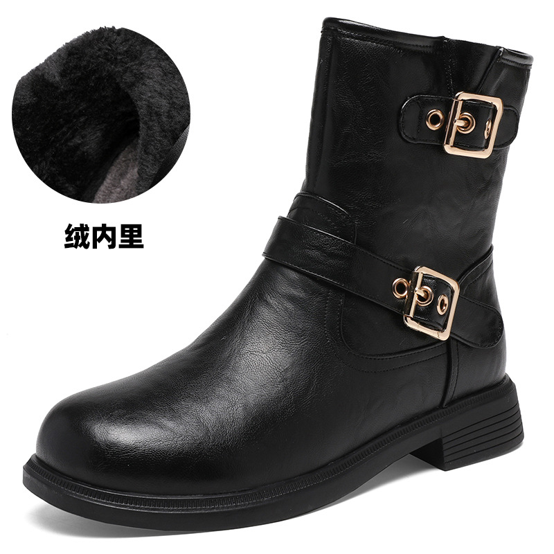 厚底真皮短筒短靴女擦色复古单靴24秋冬软底金属扣皮靴马丁靴女