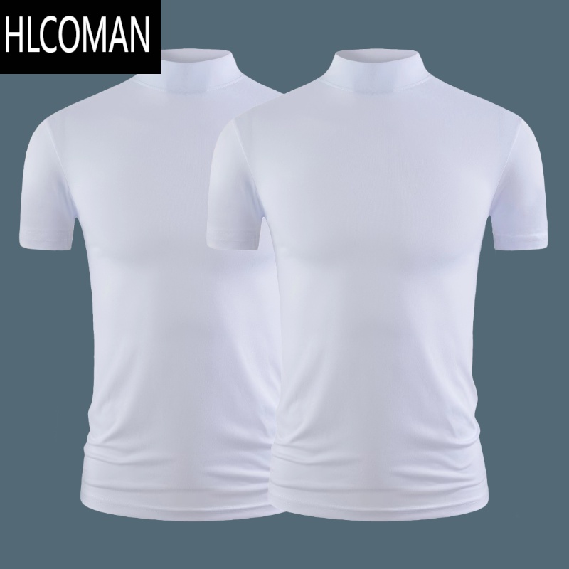 HLCOMAN莫代尔棉中领短袖T恤打底衫男半高领修身上衣男装小高领半袖体恤