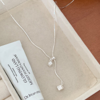 纯银纹理方块项链配饰女长款毛衣链小众设计感韩系冷淡风颈链送女朋友老婆情人节七夕生日礼物