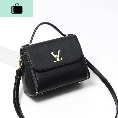 女士包包2020春夏潮韩版时尚手提包百搭单肩斜挎包简约锁扣小方包NEW LAKE 黑色女斜挎包
