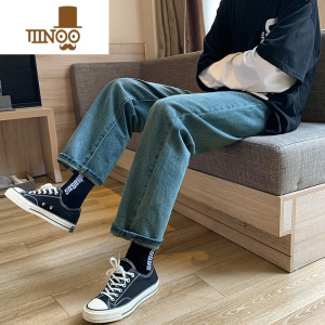 YANXU直筒牛仔裤男生夏季潮牌ins宽松bf风复古阔腿裤港风帅气九分裤子