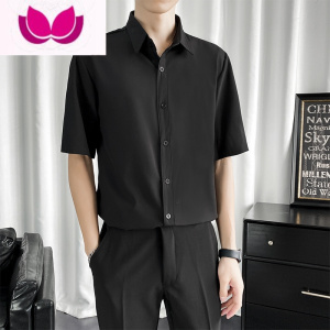 七斓黑色衬衫男短袖韩版薄款潮流dk男士休闲港风日系慵懒风免烫白衬衣