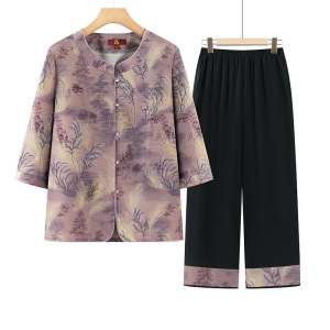 新款奶奶装洋气两件套衣服春夏新款老人家印花套装夏装服装女