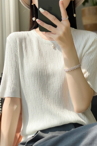 短袖T恤女曲珠冰丝针织衫夏季薄款气质洋气宽松显瘦上衣女装