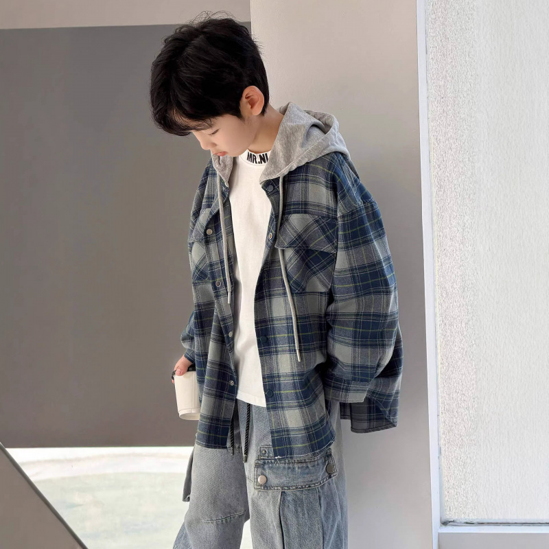 男童外套春装2026新款春季儿童格子衬衫男孩大童潮酷帅气连帽上衣