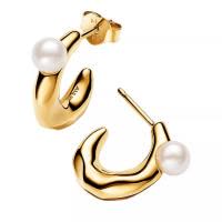 pandoraK金镀层珍珠点缀耳环女款时尚百搭配饰白金 hoops 耳钉