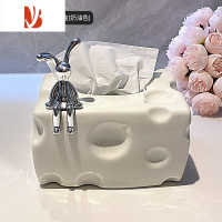 三维工匠高颜值家用客厅轻奢风抽纸盒创意纸抽盒餐巾纸擦手陶瓷纸巾盒 陶瓷奶酪纸巾盒(坐姿小兔款)(奶油)送粉色蝴蝶结