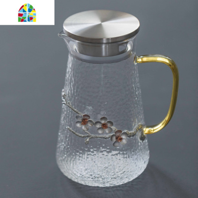 封后凉水壶锤纹玻璃耐热冷水壶家用大容量可高温加厚防爆泡茶壶果汁壶 FENGHO 锡花凉水壶+4直筒锡花杯直筒锡花杯260