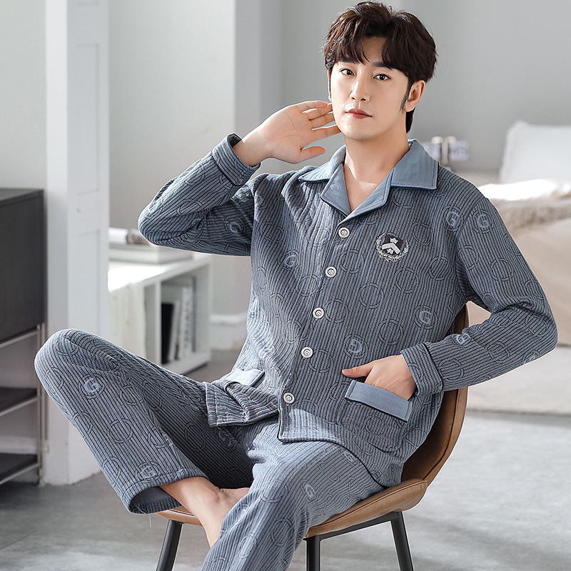 睡衣男冬季大码夹层空气棉新款冬天青年男士保暖家居服可外穿