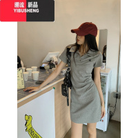 YIBUSHENG韩版运动风Polo领刺绣连衣裙女季2024新款褶皱收腰显瘦短袖裙子