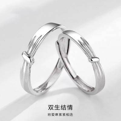 双生情结999纯银戒指女小众ins风高级感轻奢情侣对戒个性素圈批发送女朋友老婆情人节七夕生日礼物