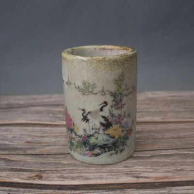 美帮汇复古清光绪粉彩松鹤迎春笔筒家居装饰摆件瓷器仿古做旧收藏