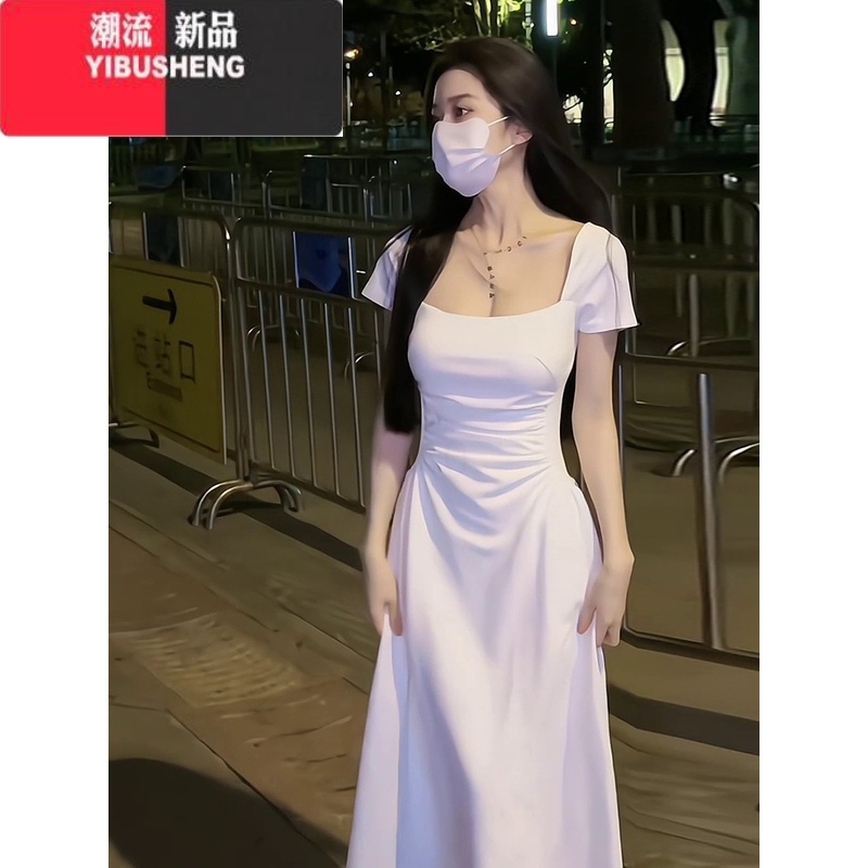 YIBUSHENG白色短袖连衣裙子季新款法式茶歇小个子收腰显瘦初恋吊带长裙女