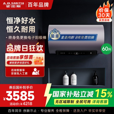 AO史密斯60升电热水器 国家补贴 金圭内胆 双棒分离速热 免换镁棒 免清洗短款 E60ED8-B