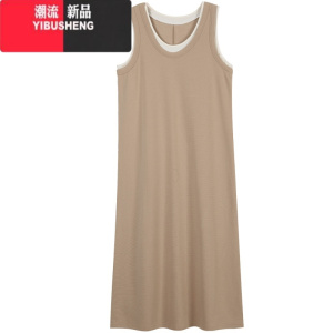 YIBUSHENG圆领假两件连衣裙女季04新款宽松腰垂感无袖背心裙减龄长裙子