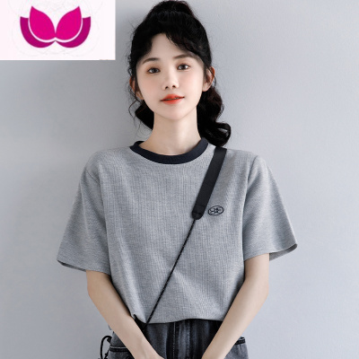 七斓2023夏季新款字母刺绣灰色短袖T恤女夏宽松圆领体恤百搭打底上衣