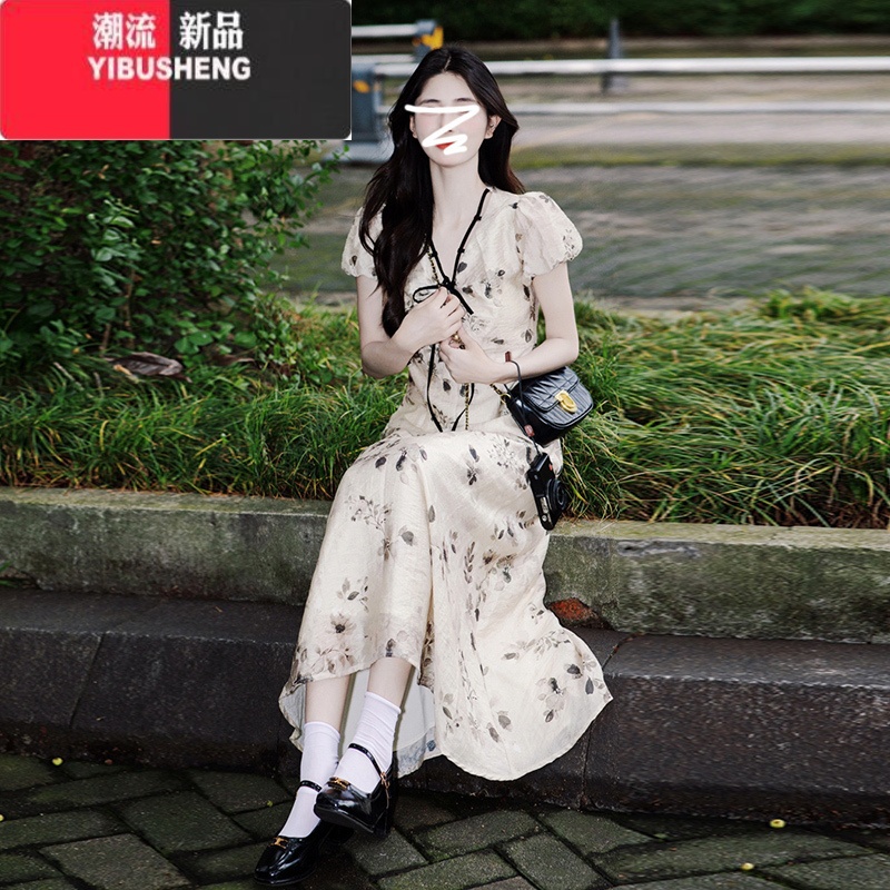 YIBUSHENG冷淡系漂亮独特别致绝美显瘦碎花连衣裙子女季2024新款气质长裙