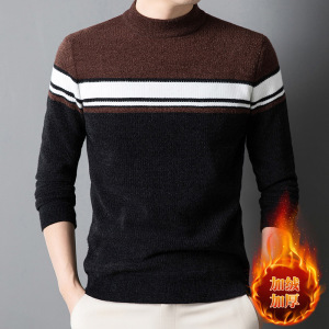 冬季圆领加绒毛衣男中年加厚T恤长袖保暖针织衫爸爸雪尼尔t恤男装