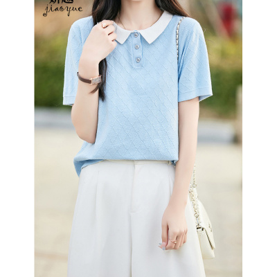 拼色POLO领短袖T恤女2026夏季新款棉线针织衫女纯色撞色半袖上衣