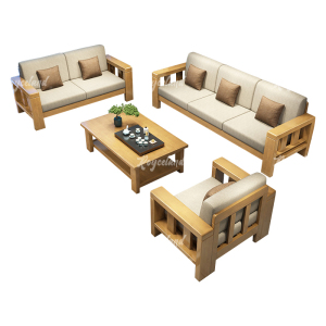 洛诗莲 (RoyceLand) 简约实木沙发原木色实木沙发茶几组合 1+2+3+长茶几