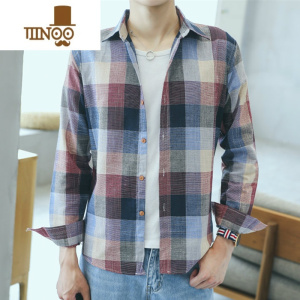 YANXU2023年格子衬衫男长袖免烫亚麻衬衣青年时尚流行休闲薄外套