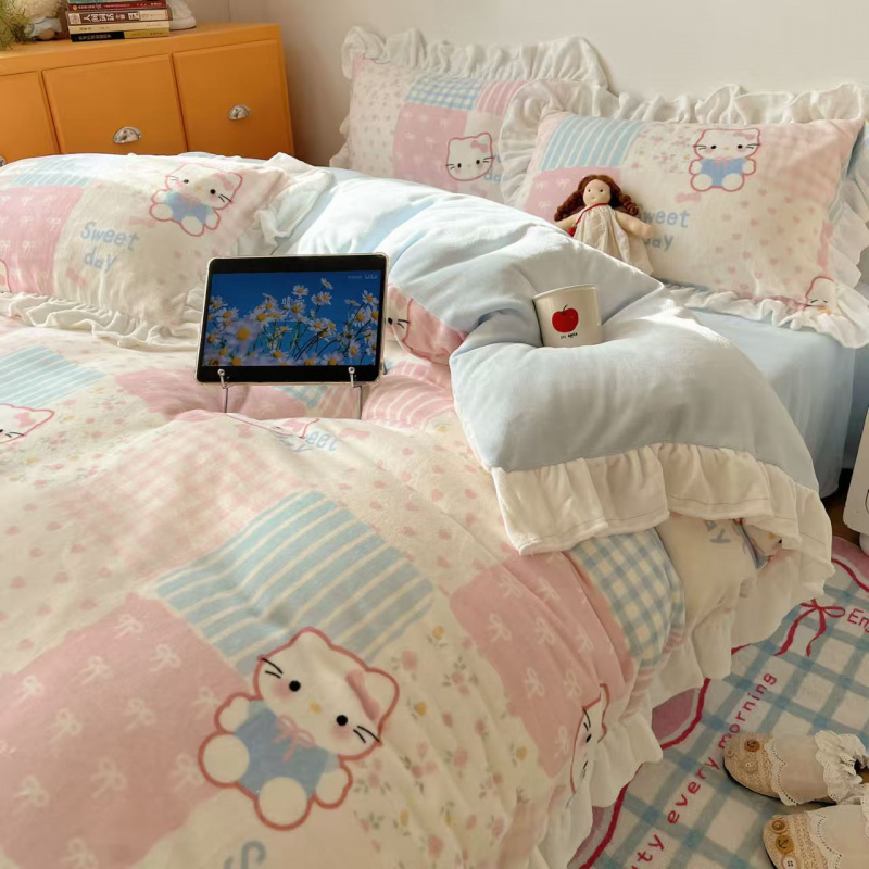 可爱花边款A类冬季牛奶绒四件套卡通少女加绒加厚防静电被套床单