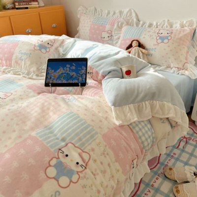 可爱花边款A类冬季牛奶绒四件套卡通少女加绒加厚防静电被套床单