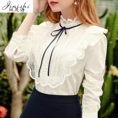 纪尼诗(Jinishi) 2018女装春装宫廷风白色衬衫女系带花边打底雪纺小衫