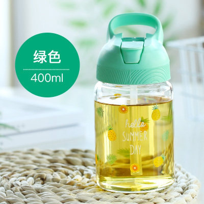 家柏饰(CORATED)玻璃杯便携女学生成人简约清新水杯带吸管的杯子青色400ml(送杯刷)