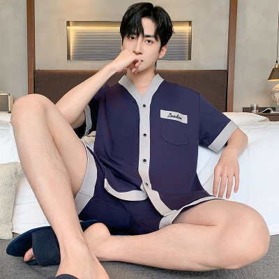 新款大码开衫男士睡衣V领短袖短裤薄款秋夏可外出休闲透气家居服_1