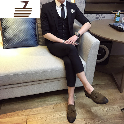 NEWLAKE夏季新郎伴郎结婚礼服韩版修身七分袖西服型男西装九分裤三件套装