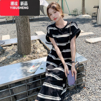 YIBUSHENG撞色条纹连衣裙女季懒人休闲外穿宽松设计感开叉落肩短袖T恤裙