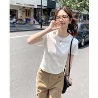 [2.5折价49.8元叠加优惠券]唐狮夏季白色短袖T恤女新款紧身纯色圆领上衣女百搭体恤