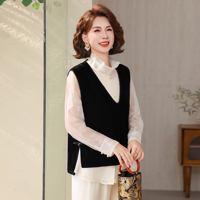 气质马甲妈妈装40岁中老年女士休闲套头马甲背心中年套装春夏女款