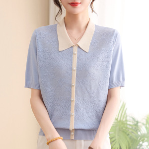 中老年女装短款上衣时尚小翻领妈妈装气质婆婆装小衫针织短袖夏装