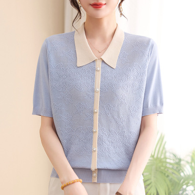 中老年女装短款上衣时尚小翻领妈妈装气质婆婆装小衫针织短袖夏装