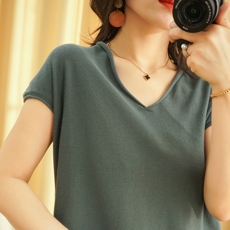 2026新款棉麻纯色T恤女v领短袖宽松显瘦休闲短袖针织衫上衣女装夏