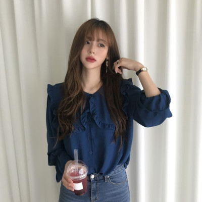 暖青汇春秋新款韩国复古港味长袖衬衣设计感小众雪纺蓝色衬衫娃娃领上衣