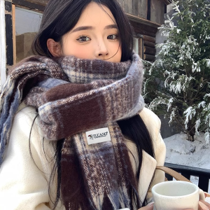 啄木鸟2024冬新款蓝咖格纹围巾女保暖高级感韩版复古百搭防寒围脖