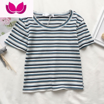 七斓2023年夏季新款条纹短袖T恤女装复古港风ins潮针织显瘦上衣打底衫