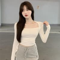 性感方领打底衫女设计感小众秋装内搭长袖T恤修身抽绳上衣潮