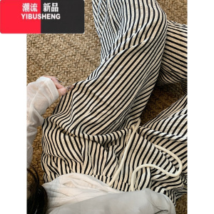 YIBUSHENG竖条纹休闲裤女季新款慵懒风高腰宽松阔腿直筒拖地遛弯长裤子潮