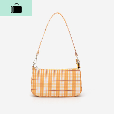 格纹包包2020新款ins超火腋下包时尚百搭格子布单肩包女NEW LAKE 橙黄色女士单肩包