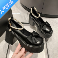 SUNTEK日系厚底玛丽珍鞋女2023年新款夏季珍珠蝴蝶结法式高跟小皮鞋单鞋