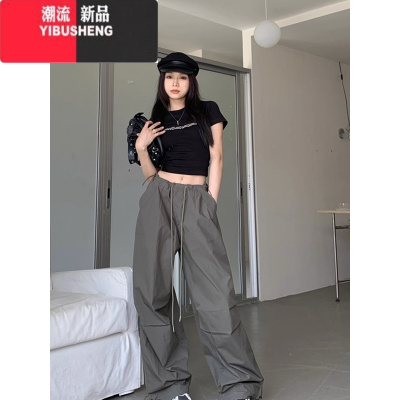 YIBUSHENG美式复古抽绳工装裤女季辣妹高腰休闲裤宽松阔腿裤薄款裤子春秋