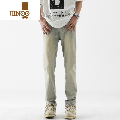 YANXU弹力黄泥染微喇牛仔裤男秋季美式高街潮牌vibe直筒裤微喇长裤