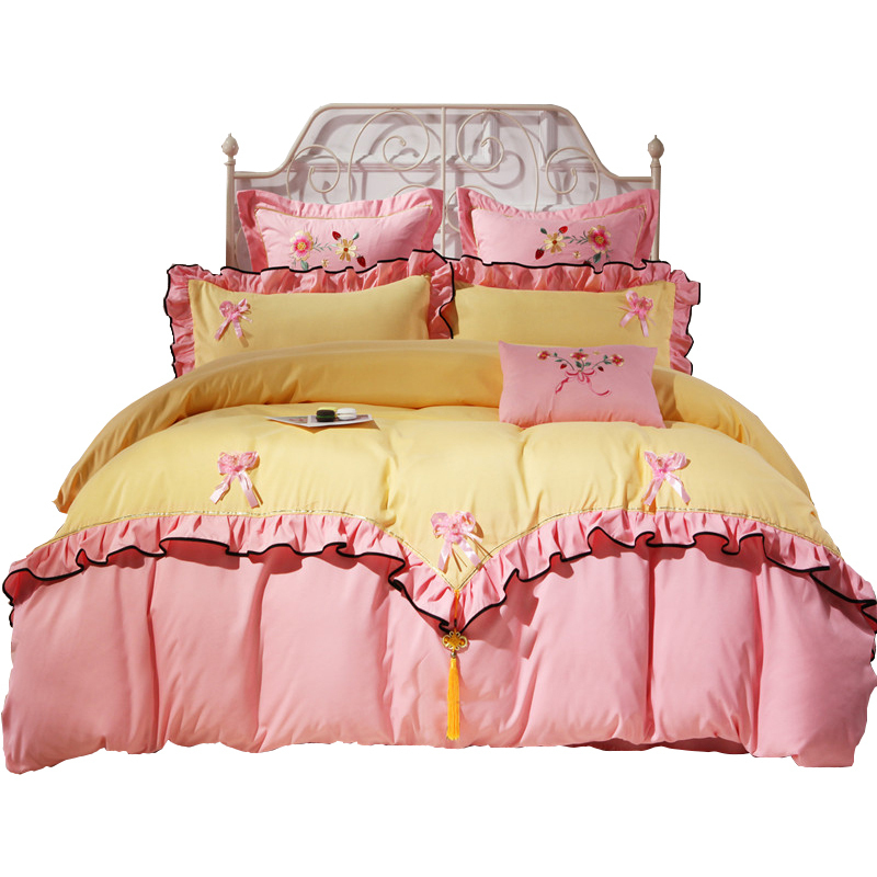 美帮汇公主款四件套款被套带花边少女床上铺盖套 韩式床单粉