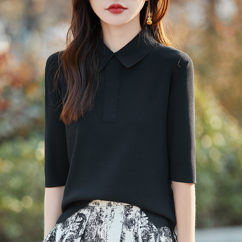女装新款夏季polo领法式五分袖针织衬衫半袖骨感气质纯色T恤