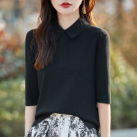女装新款夏季polo领法式五分袖针织衬衫半袖骨感气质纯色T恤